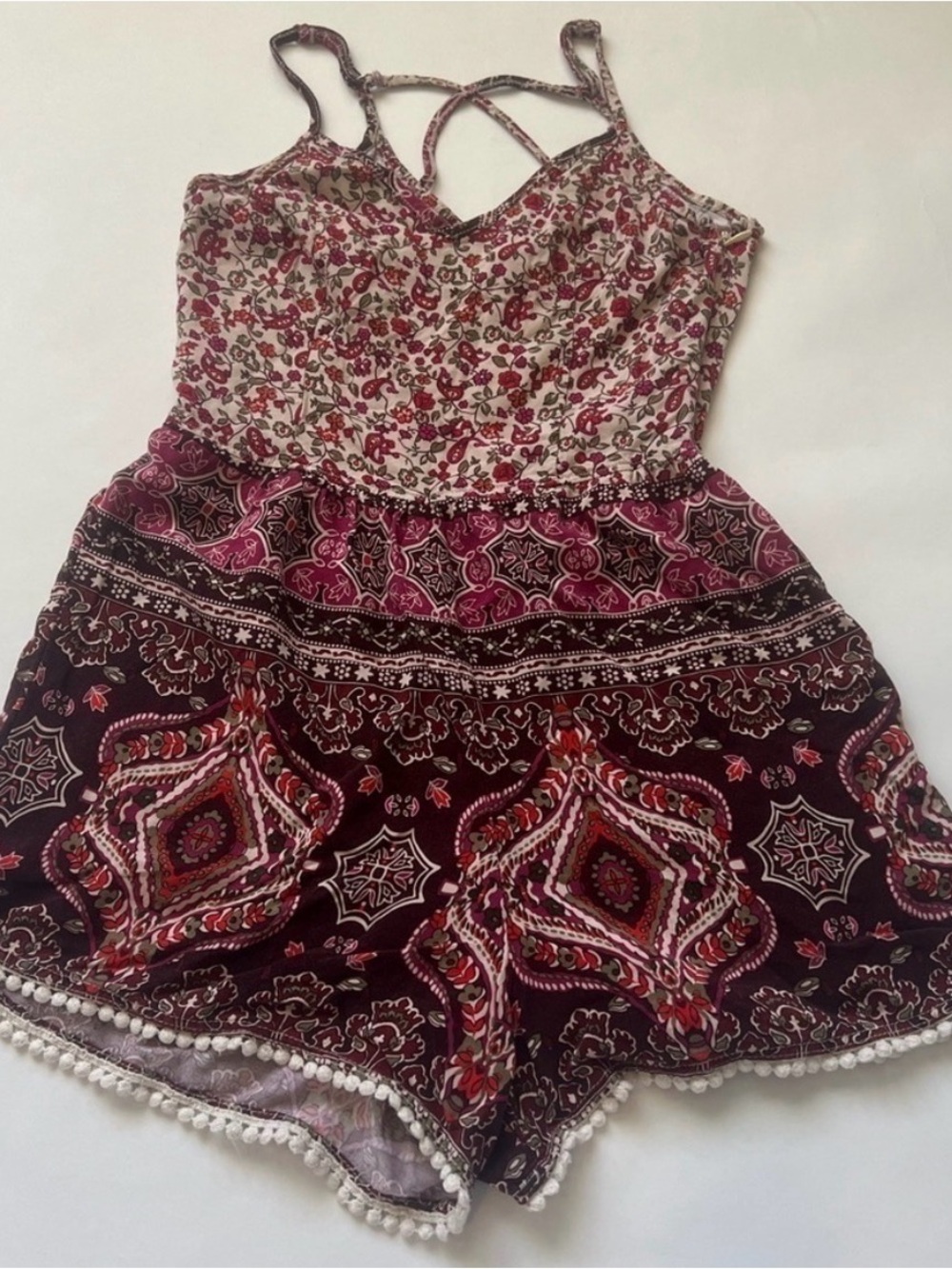 Boho Hippie Floral Paisley Sleeveless Pom Poms Romper XS